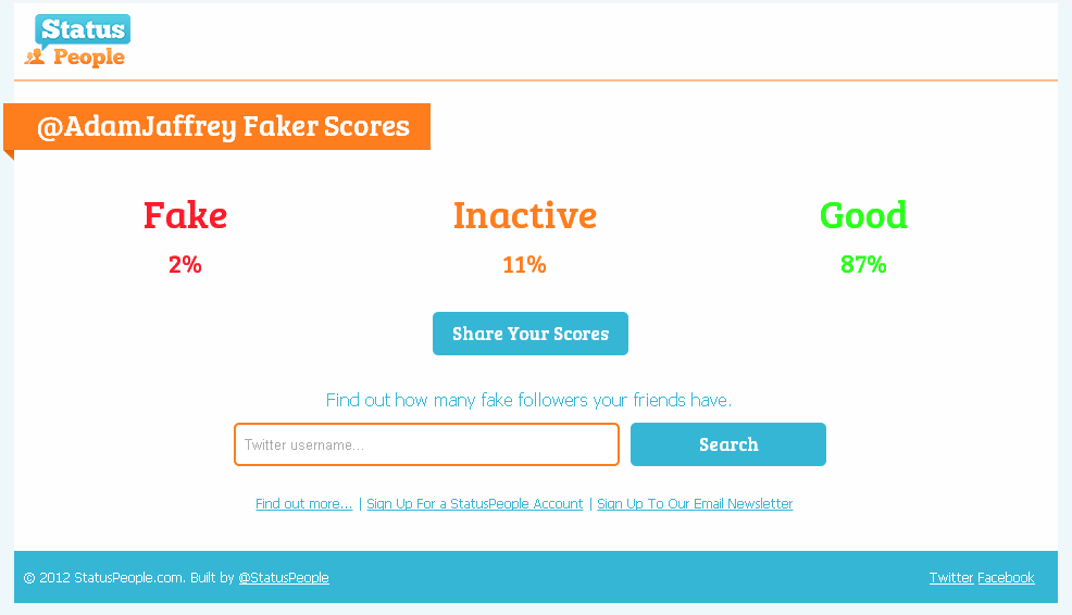StatusPeople fake follower score for @AdamJaffrey 2012.08.17 1245